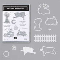 155194 Lot Autumn Goodness Stampin up éléments de la nature et de l’automne tels que brouette, citrouilles, feuilles et plus encore pour embellir vos cartes faites main,