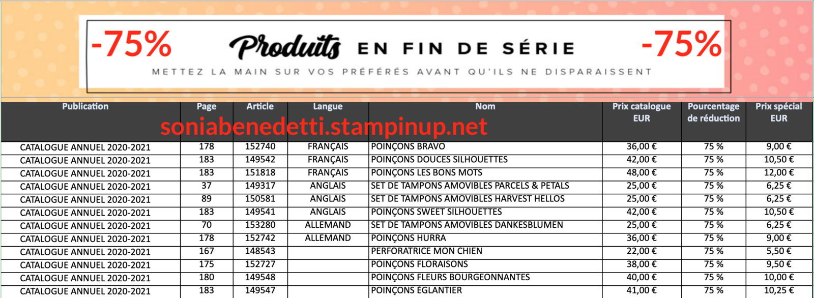 remise de 75% stampinup sonia demonstratrice en france normandie nord pas de calais paris ile de france réduction