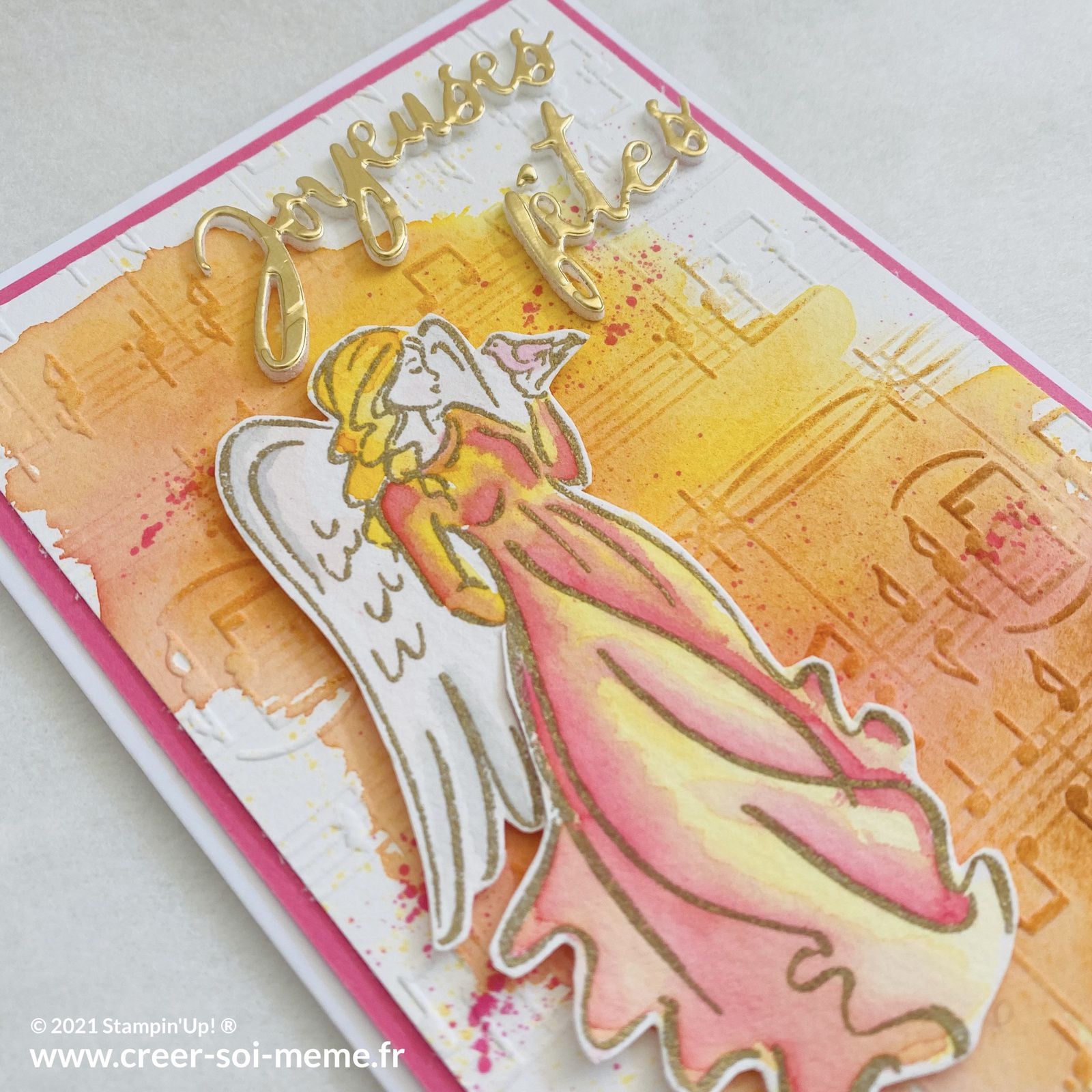 carte fêtes de fin d'années stampin up ange or mélodie de mange pierre rose polie note de musique 